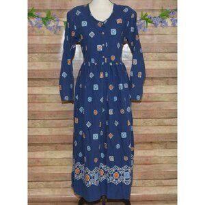 Vintage Roper Womens L Western Maxi Dress Blue Geometric Print Made USA Prairie